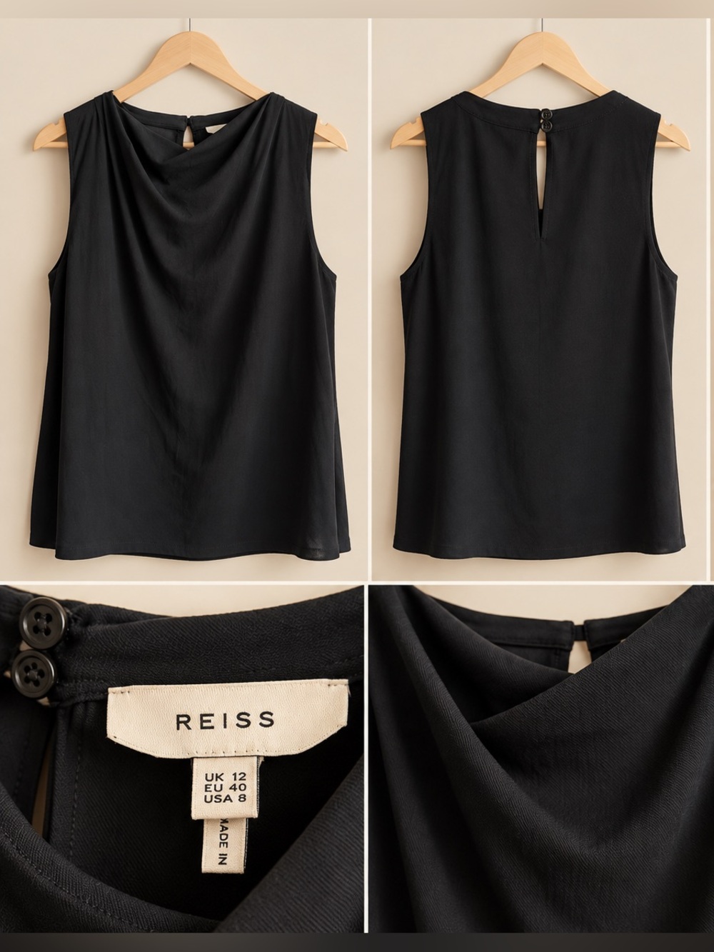 Reiss Black Sleeveless Draped Neck Shell